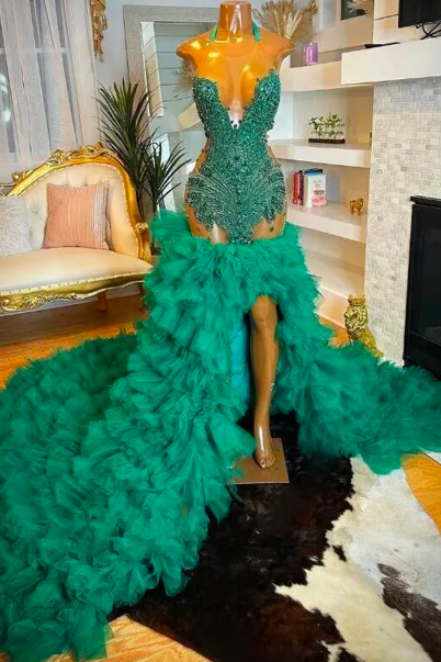 Hunter Green Tulle Ruffles Train Mermaid Prom Dress For Black Girl Diamond Crystal Sheer Mesh African Birthday Party Guest Gown