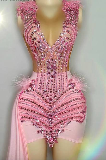 Sweety Pink Crystal Beaded Feathers Prom Dresses Black Girl Birthday Gown Formal Party Dress With Train Movie Outfit Robe De Bal