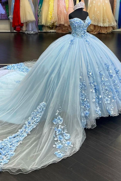 Light Sky Blue Long Quinceanera Dresses Ball Gown Birthday Party Dress Lace Up Graduation Gown Sweetheart Quinceanera De 15 Anos