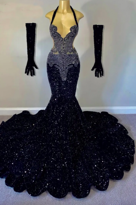 Real Pictures Black Beaded Sequins Prom Dresses 2023 For Black Girls Mermaid Evening Party Gowns Custom Made