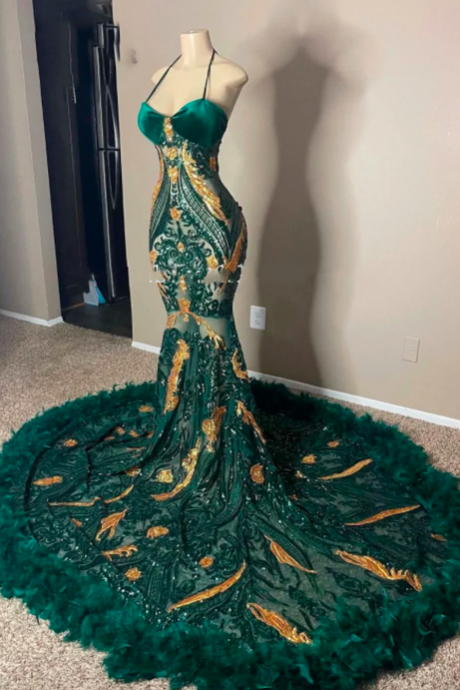 Dark Green And Gold Sequined Lace Feathers Prom Dresses For Black Girls Luxury Halter Mermaid Wedding Dresses Cocktail Gown
