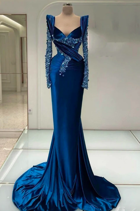 Gorgeous Beading Square Neck Long Sleeves Solid Color Ladies Mopping Exquisite Evening Dresses Backless Party Club Slim Fit 2023