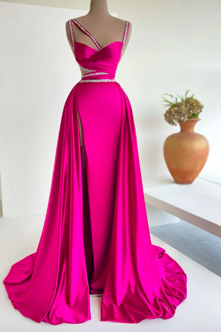 Deep Pink Mermaid Evening Dresses Beadings Straps Shiny Satin Dubai Formal Prom Dress Arabia Pleated Celebrity Party Gowns