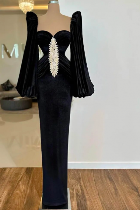 Dubai Black Mermaid Evening Dresses Cap Sleeves Beadings Sweetheart Pleated Prom Dress Arabia Dubai Celebrity Party Gowns