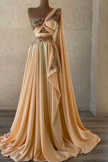 Champagne Evening Dresses Beadings One Shoulder Straps A-line Ruched Prom Dress Pleated Saudi Arabia Celebrity Party Gowns