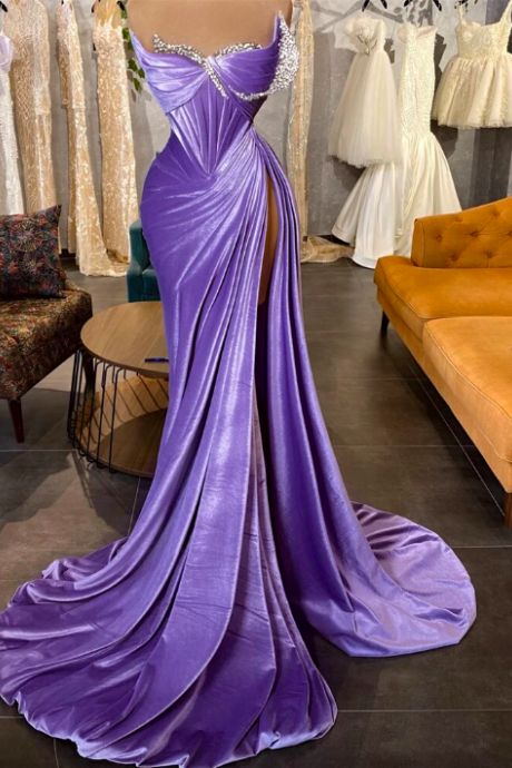 Purple Mermaid Evening Dresses Side Slit Off Shoulder Beaded Pleated Formal Prom Dress Saudi Arabia Bride Party Gowns 2024