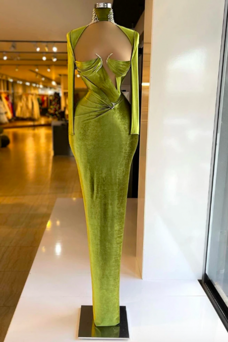 Light Green Evening Dresses Mermaid Pearls High Neck Cap Sleeves Pleated Formal Prom Dress Dubai Arabia Celebrity Gowns