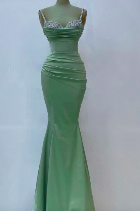 Glitter Forest Green Mermaid Evening Dresses Sparkly Spaghetti Straps Pleated Prom Dress Satin Arabia Bride Party Gowns