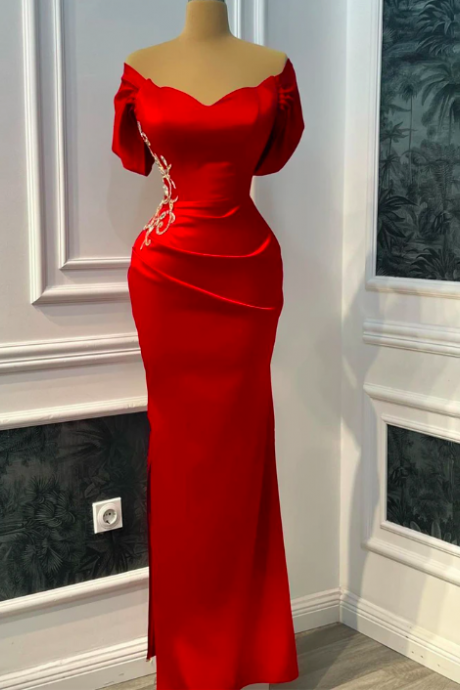 Elegant Red Mermaid Evening Dresses Off Shoulder Bodycon Beadings Pleated Prom Dress Saudi Arabia Ruched Bride Party Gowns