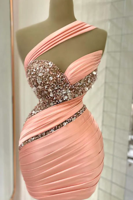 Pink Cocktail Party Gowns One Shoulder Beaded Pleats Luxury Sexy Prom Dresses Sexy Dubai Arabia For Women Clubbing Dress