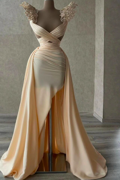 Champagne Luxury Mermaid Evening Dresses Side Slit Beaded Cap Sleeves Formal Prom Dress Arabia Dubai Pleated Party Gowns