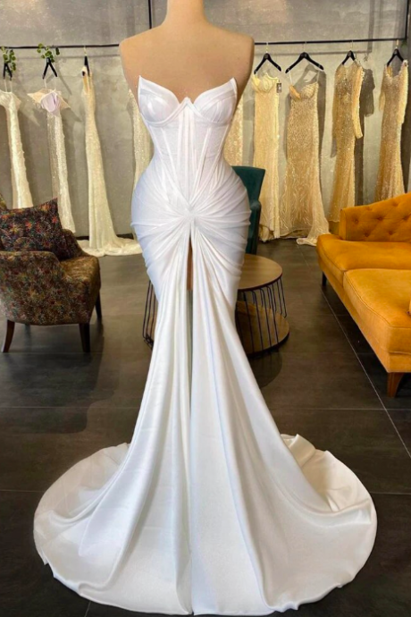 Elegant Solid Mermaid Evening Dresses Off Shoulder Pleated Middle Slit Elastic Prom Dress Saudi Arabia Bride Party Gowns