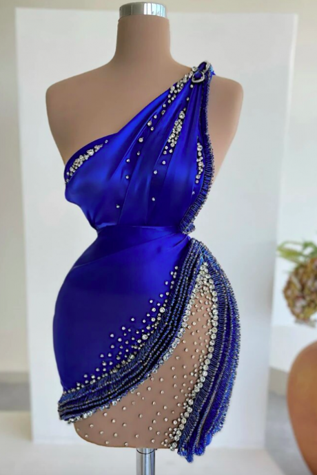 Blue Cocktail Party Gowns One Shoulder Mini Crystals Sexy Prom Dresses Luxury 2024 Dubai Arabia Clubbing Dress Custom Made
