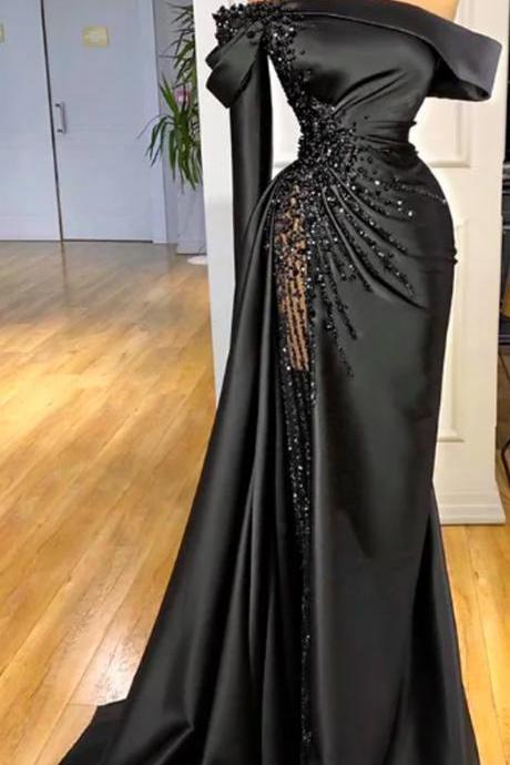 Off-shoulder Black Pageant Party Gown Luxury Pearls Evening Dresses Formal Sexy Long Prom Dress Mermaid 2023 Latest