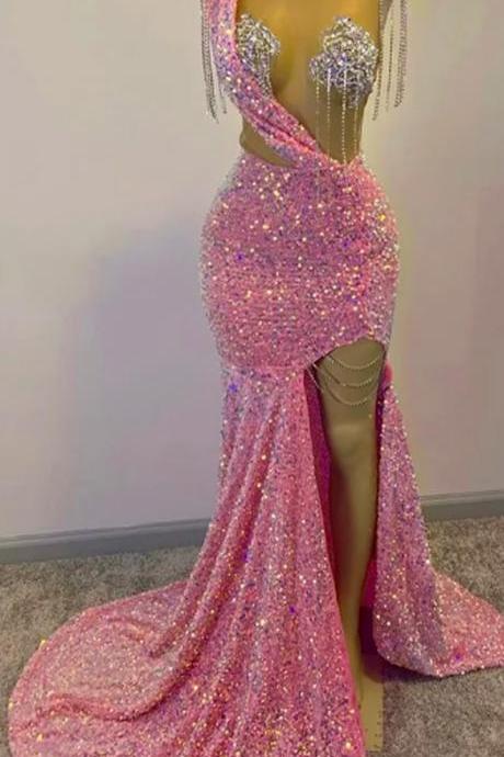Glitter Pink Sequins Prom Dresses For Black Girls Tassels Luxury Dress For Gala Party 2023 Split Slit Long Mermaid Evening Gowns