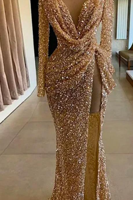Sexy Deep V Neck Long Sleeves Prom Dresses 2024 Elegant Mermaid Woman Dress Pleated Party Long Robe Evening Formal Gowns Custom