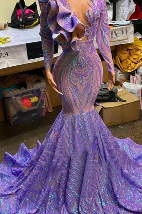 Long Sleeves Women Purple V Neck Prom Dresses 2023 African Mermaid Lace Sequined Evening Gowns Black Girls Ruffles Hem Vestidos