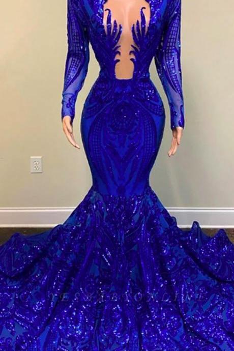 Royal Blue Exquisite Sexy Deep V Neck Prom Dresses For Women Mermaid Lace Sequined Long Sleeves Celebrity Party Evening Gowns