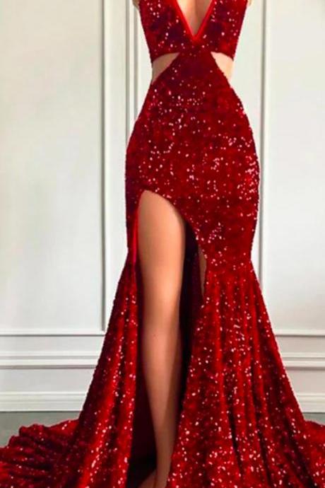 Mermaid Sequin Evening Dresses Women Wine Red Sexy V-neck Sleeveless Side High Split Prom Gowns Long Gala Celebrity Robe