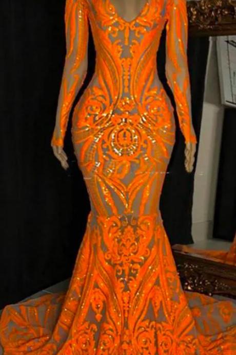Prom Dresses Orange See Through Prom Dresses South African Lace Long Sleev Mermaid Evening Gowns Sweep Train Formal Party Dresses Custom Made