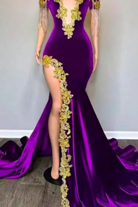 Arabic Aso Ebi Purple Lace Mermaid Prom Dresses Sheer Neck Long Sleeves Plus Size Evening Formal Party Second Reception Gowns