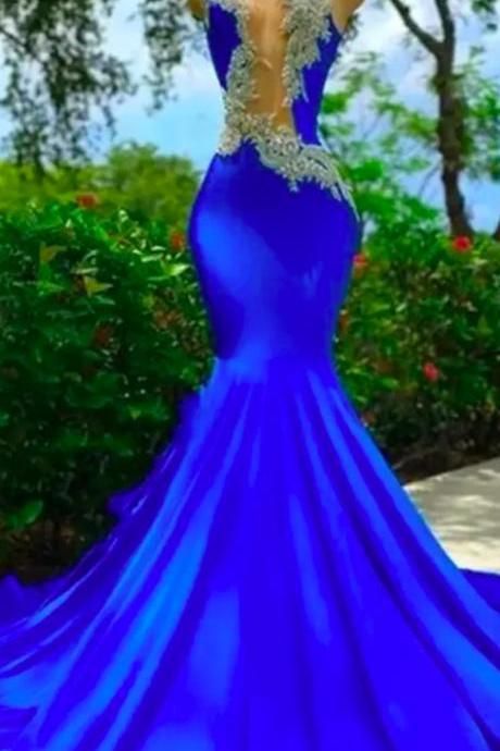 Royal Blue Sheer Crew Neck Long Mermaid Prom Dresses Black Girls 2023 Appliques Birthday Party Backless Evening Gowns Robe De Bal