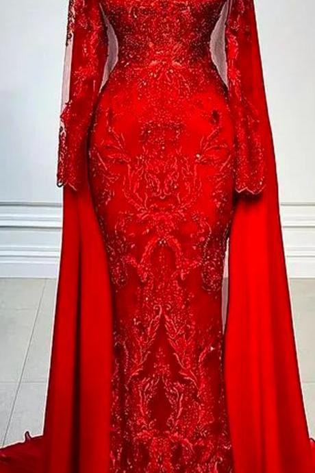 2024 Plus Size Arabic Aso Ebi Red Luxurious Mermaid Prom Dresses Sheer Neck Lace Beaded Evening Formal Party Second Reception Gowns Dress