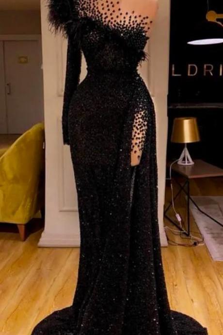 Black Sequined Evening Dresses Beaded Feathers Mermaid Prom Dress High Split Formal Party Second Reception Gowns