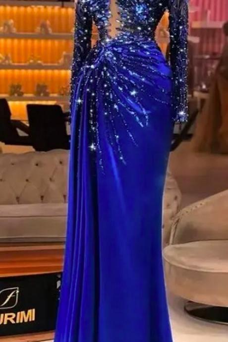 2024 Plus Size Arabic Aso Ebi Royal Blue Luxurious Prom Dresses Beaded Crystals Sheer Neck Evening Formal Party Second Reception Gowns Dress