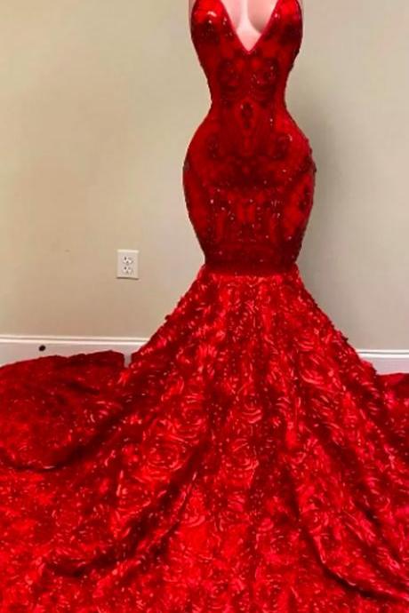 2024 Sexy Backless Red Evening Dresses Halter Deep V Neck Lace Appliques Mermaid Prom Dress Rose Ruffles Special Occasion Party Gowns