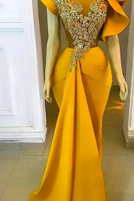 2024 Plus Size Arabic Aso Ebi Yellow Mermaid Stylish Prom Dresses Lace Beaded Crystals Evening Formal Party Second Reception Bridesmaid Gowns