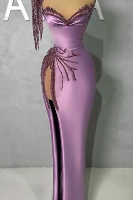 2023 Sexy Women Elegant Light Purple Pile Luxury Pearls Beading Formal Party Night Dresses Party Robe De Soiree