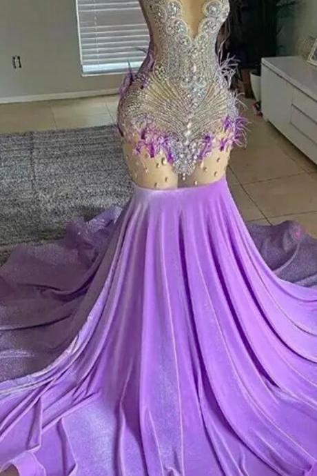 Lavender Velvet Feathers Crystal Beading Prom Dresses Mermaid Luxury Designer African Party Black Girls Bespoke Robe De Bal