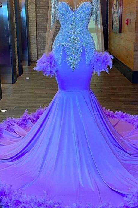 Light Purple Feathers Long Sleeve Prom Dresses For Black Girl Tassels Mermiad Evening Dress For Wedding Party Gown Crystal Beads
