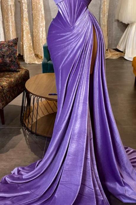 Purple Mermaid Evening Dresses Side Slit Off Shoulder Beaded Pleated Formal Prom Dress Saudi Arabia Bride Party Gowns 2022