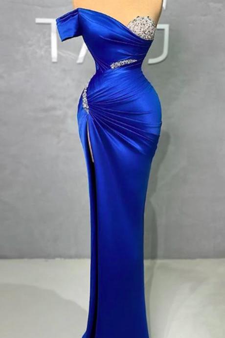 Elegant Blue Mermaid Evening Dresses Glitter Pleats Off Shoulder Bodycon Prom Dress Sequins Elastic Bridal Party Gowns