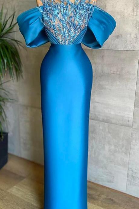 Blue Glitter Dubai Evening Dresses Mermaid Sequins Off Shoulder Pleated Shiny Prom Gowns Arabia Satin Celebrity Party Gown