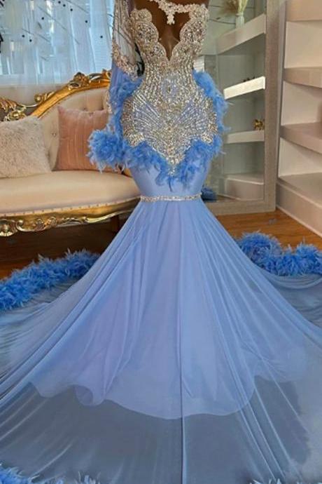 Silver Beaded Diamonds Blue Evening Dresses One Sleeve Feathers Glitter Crystals Long Prom Dress Mermaid Birthday Party Gowns