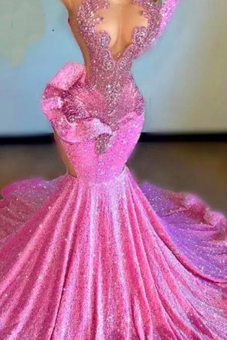 Pink Sheer O Neck Evening Gowns For Black Girls 2023 Sparkly Sequined Birthday Party Dresses Beaded Crystal Long Prom Dress