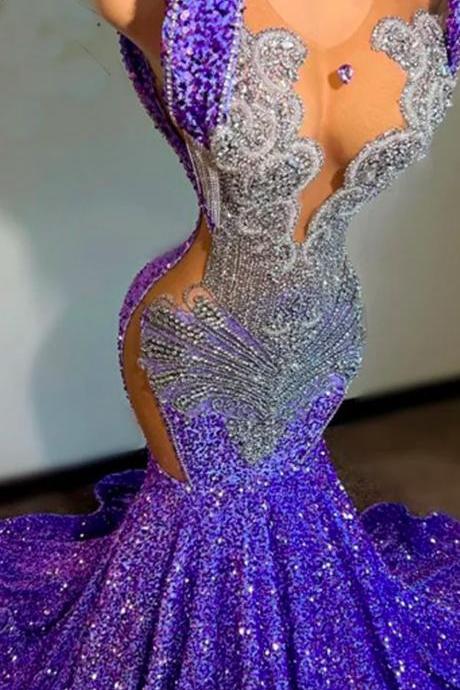 Sexy Purple Sequins Mermaid Prom Dress For Black Girl Beaded Sheer Neck Evening Party Gowns Sweep Train Robes De Soirée