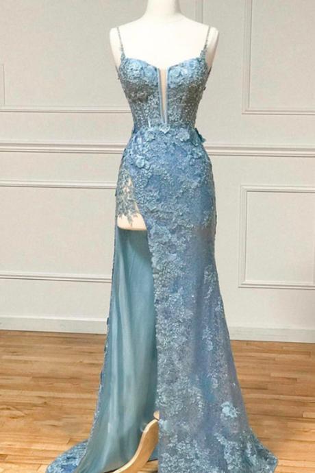 Fully Sequined Lace Embroidered Plunging Illusion With Train And Slit Evening Party Prom Formal Dress