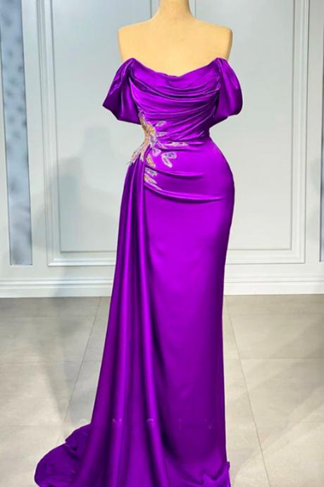 Sexy Satin Fitted Off-shoulder Empire Beaded Ruched With Train Party Prom Evening Dress
