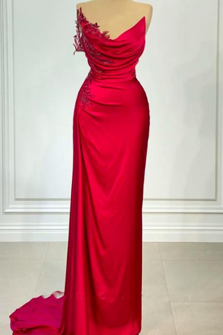 Sexy Satin Fitted Bateau Sleeveless Empire Ruched Beaded With Train Party Prom Evening Dress