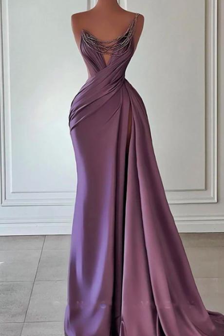 Sexy Satin Trumpet One Shoulder Empire Draped Beaded With Train Party Prom Evening Dress