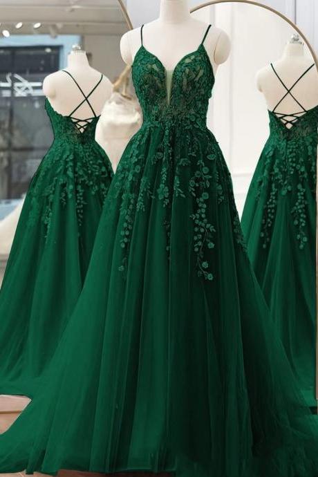 Green Lace Appliques Prom Dresses Long For Women 2024 Spaghetti Straps A Line Tulle Formal Evening Gowns