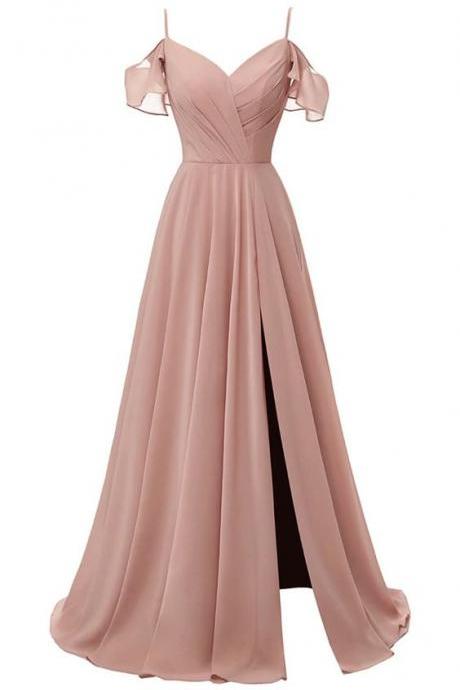 V Neck Bridesmaid Dresses Long Chiffon Ruffle Sleeves Formal Evening Wedding Party Dress For Women With Slit