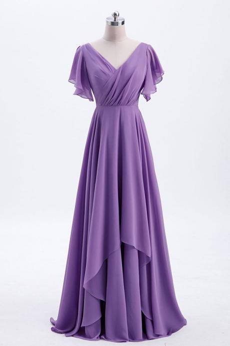 Purple A Line Chiffon Bridesmaid Dresses Ruffle Ruched Empire Waist Maid Of Honor Dresses Long Flutter Sleeve Wedding Guest Dresses 2024