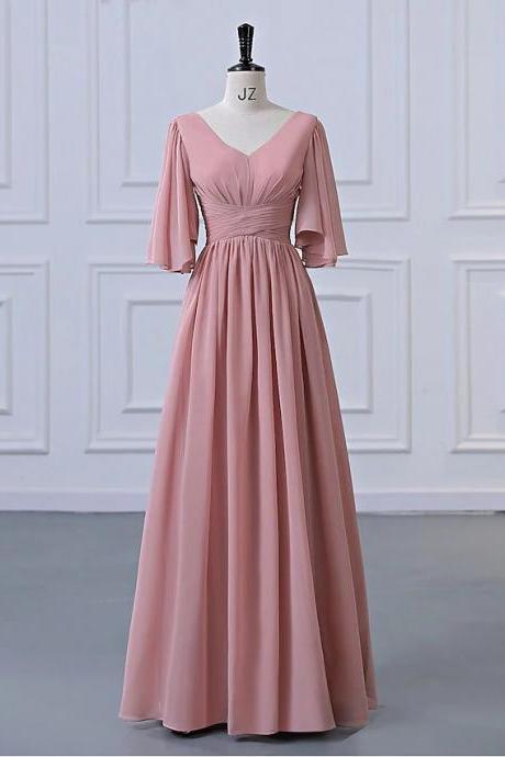 A Line Half Sleeve V Neck Bridesmaid Dresses Pleats Long Chiffon Wedding Party Dresses Ruched Formal Evening Gowns Long