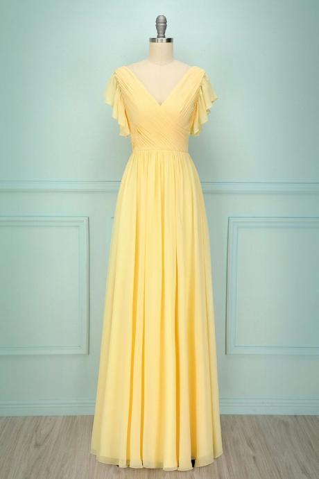 Yellow Flutter Sleeve Bridesmaid Dresses Long 2024 Ruched V Neck Cap Sleeve Wedding Guest Dresses Chiffon Formal Evening Gowns