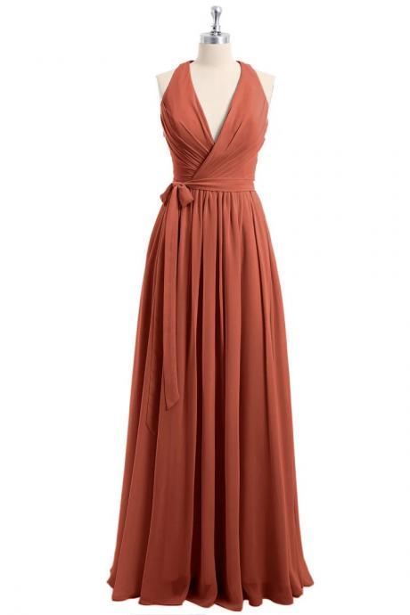 Wraped Pleated Bridesmaid Dresses Deep V Neck Chiffon Long Women Formal Evening Gowns With Belt Rust Orange Wedding Guest Dresses